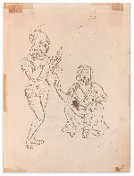 Paul CEZANNE (1839-1906)<br />
Soldat et vieille femme<br />
Plume et encre brune sur traits de crayon (verso)<br />
Circa 1856-57<br />
22,4 x 16,9 cm (feuille)<br />
Au recto, crayon noir sur papier de Marie Cezanne (1841-1921), sœur cadette de Paul, représentant un Paysage au