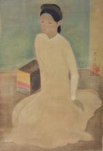 Vu Cao Dam (1908-2000)<br />
« Jeune fille lettrée »<br />
Encre et couleurs sur soie<br />
Signée à droite au milieu en sino-vietnamien, avec<br />
un cachet sigillaire rouge et à l’européenne<br />
Dim. 90,05 x 62,07 cm<br />
Provenance : Collection d’une famille française<br />
Estimati